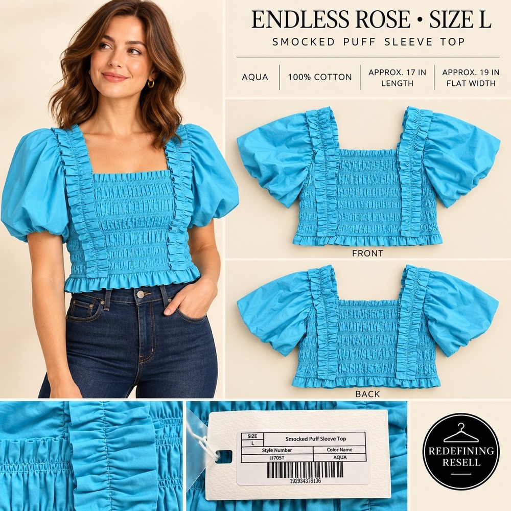 Endless Rose Aqua Smocked Puff Sleeve Ruffle Crop Top JJ705T Size L NEW